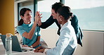 Finance, high five and laptop with business people in boardroom for review of information. Computer, investment goals and success with employee team in financial workplace for risk management