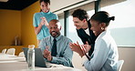 Applause, finance and laptop with business people in boardroom for celebration of success. Clapping, computer and investment plan with employee team in financial workplace for growth or motivation