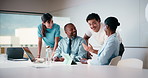 Finance, laptop and laughing with business people in boardroom for investment success. Computer, funny and stock market trading with employee team in financial workplace for wealth management