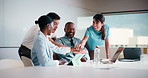 Happy, team and business people with hands together in office for winning, success or mission. Excited, group or employees piling with smile, applause or stack for collaboration or unity in workplace