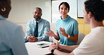 Happy, business people and meeting with discussion in boardroom for project proposal. Excited, group or employees with smile, team or suggestion for company agenda, ideas or development in workplace