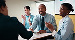 Happy, business people and handshake with applause in office for partnership, deal or agreement. Excited, employees or colleagues shaking hands with team clapping or smile for b2b or onboarding