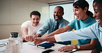 Smile, business and people with fist bump in meeting for good news, celebration and finance success. Happy, team and applause for solidarity, financial achievement and congratulations for staff bonus