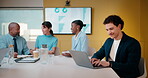 Finance, laptop and typing with man in meeting for review of data charts or statistics. Computer, graphs and research with happy broker in boardroom of financial workplace for investment planning