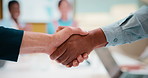Business people, applause and handshake with team in meeting for partnership, agreement or deal. Employees, colleagues or shaking hands with clapping in conference for b2b together in workplace