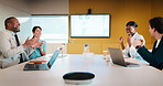 Happy, celebration or applause with business people in meeting for winning or team success. Excited, group or employees clapping with smile for achievement, promotion or good performance in workplace