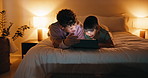 Night, siblings and children with tablet in bedroom, entertainment and watching film together on bed. Happy, home and kids with tech on weekend, bonding and streaming with app subscription for series