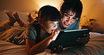 Bedroom, tablet and mom with kid for bonding, games and relaxing in home at night. Woman, family or happy mother with daughter on digital app for playful connection, interaction or drawing on weekend
