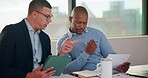 Business people, teamwork and document in meeting with tablet for project management and feedback. Men, talking and collaboration with tech, review paperwork or strategy with planning for proposal