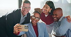 Business, people and happy group with selfie for about us, social media or photography in office. Smile, creative and team with diversity in profile picture or post for workplace fun and connection