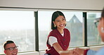 Business, meeting and people with handshake and clapping for celebration or onboarding. Excited, congratulations and applause with woman shaking hands for thank you, achievement or welcome to team