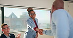 Meeting, handshake and business people with clapping for hiring, deal or onboarding. Happy, congratulations and applause with woman shaking hands for thank you, career success or welcome to team