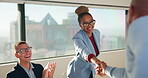 Meeting, people and shaking hands with celebration for hiring, clapping and onboarding. Interview, congratulations and applause with woman handshake for thank you, business success or welcome to team