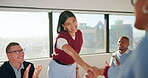 Clapping, meeting and people with handshake for congratulations or promotion. Achievement, praise and creative team with shaking hands for thank you, success or well done on business performance