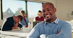 Happy, face and businessman with arms crossed, boardroom and confident with wealth management career. Corporate, financial advisor and person with smile for business growth, laughing and leadership