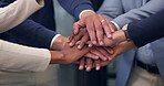 Mission, stack and hands of business people in office for success, solidarity and achievement. Support, huddle and team with group of employees in agency for celebration, agreement and goal together