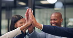 Team, high five and hands of business people in office for success, solidarity and achievement. Support, applause and mission with group of employees in agency for celebration, agreement and goal