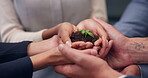 People, hands and soil with plant in office for eco investment, earth day project and ESG. Finance investors, team and sprout for green bonds, sustainable business practice or seed funding initiative