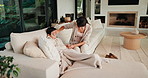 Mother, monitor and child at house with fever symptoms, high temperature and viral infection. Woman, worry and overheating kid with influenza, contagious illness and weak immune system in living room