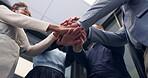 Team, hands and low angle business people in office for success, solidarity and achievement. Support, applause and mission with group of employees in agency for celebration, agreement and goal