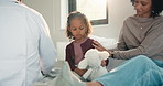 Medical, parent and kid in home visit with checkup, advice or health evaluation in consultation. Mother, patient or pediatrician with toy, doctor guidance or child diagnosis in healthcare assessment.