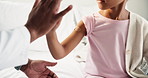 Doctor, child and plaster for high five in hospital, flu shot and support for disease immunization. Medical care, pediatrician and girl with bandage for vaccine wound, good job and praise for courage