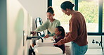 Family, mother and children brushing teeth in bathroom, oral hygiene and laugh for cleaning routine. Grooming, happy and woman with girls for teaching wellness, dental care support and help in home