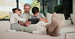 Stylus, tablet and dad with kids in home for bonding with online games, website and drawing on app. Family, sofa and father with children on tech with pen for elearning, internet or relax on weekend