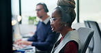 Telemarketing, agent and woman with headset in business, consultation and communication with contact. Coworking, call center and people with mic for discussion, lead generation and explanation offer