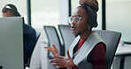 Call center, consultation and woman with headset in office, telemarketing or discussion with contact. Coworking, business and person with mic for communication, lead generation and explaining offer