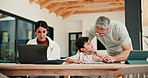 Family, remote work and helping child with homework, education or accountant with laptop for project. Bookkeeper, online and mature woman with tech, dad and advice for boy with assignment in house