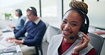Agent, woman or face with headset in call center for client support, loan advice or about us. Coworking, finance consultant and happy at computer for insurance claim, online help or customer service