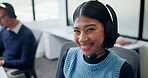 Customer service, woman and face with headset in call center for CRM, loan advice and about us. Coworking, finance consultant and happy at computer for insurance claim, online help and career pride