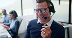 Call center, headset and happy man with tech support, communication or customer care. Web consultant, agent or friendly person with conversation and smile for help desk, solution or online service