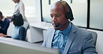 Telemarketing, man and talk with computer in call center for lead generation, finance offer or sale. Coworking, financial agent and chat on headset for upsell, product knowledge and explain service