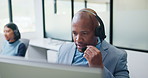 Call center, headset and black man with solution for customer support or communication. Tech agent, consultant or person talking with headset for help desk, crm or problem solving on computer