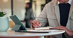 Hands, tablet and person writing in notebook for planning, agenda or financial report. Accountant, notes and digital bookkeeping with to do, data analytics or tasks for business audit and summary