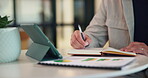 Hands, tablet and person with notebook for planning, strategy or summary of financial stats. Accountant, writing and notes for digital bookkeeping with productivity or brainstorming in workplace