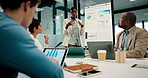 Presentation, budget and business woman in office with team for company profit, revenue or dividend. Discussion, graphs and financial manager with research for investment, collaboration or planning