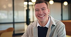 Smile, writing and face of business man in office for about us, real estate agent and pride. Property development advisor, confidence and professional consultant with employee in agency for report