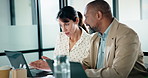 Laptop, meeting and business people in office with planning for revenue growth with report. Technology, discussion and team of financial advisors with computer for investment proposal in workplace.