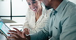 Laptop screen, business people and team in office for planning, investment data or advice in meeting. Tech, mature man and woman in workplace for collaboration, financial graphs and discussion