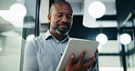 Business, black man and reading with tablet at work for insurance review, risk management and email. Technology, mature person and broker in office with claims policy, planning and research info