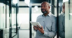 Business, black man and thinking with tablet at work for insurance review, risk management and smile. Technology, mature person and broker in office with claims policy, planning and problem solving