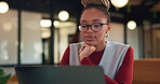 Laptop, thinking and black woman with idea, solution or problem solving for online article. Business review, reading and creative editor on computer for proofreading, email or newsletter in workspace
