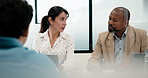 Interview, laptop and people in office with feedback, discussion or meeting in onboarding. Business, candidate or hiring managers in agency with tech, evaluation or recruitment for career opportunity