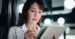 Businesswoman, scroll and research with tablet in office, online and plan for investment opportunity. Wealth manager, smile and mature person with tech for risk management, bokeh and browsing info