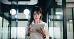 Businesswoman, walking and research with tablet in office, scroll or plan for investment opportunity. Wealth manager, smile and mature person with tech for risk management, bokeh and browsing info