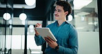 Tablet, thinking and man with pen in office for digital signature, budget review or solution. Tech, person and accountant with stylus for financial records, bookkeeping report or problem solving
