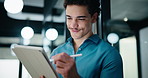 Tablet, business and man with pen in office for digital signature, budget review or thinking. Tech, happy person or accountant with stylus for financial records, bookkeeping report or problem solving